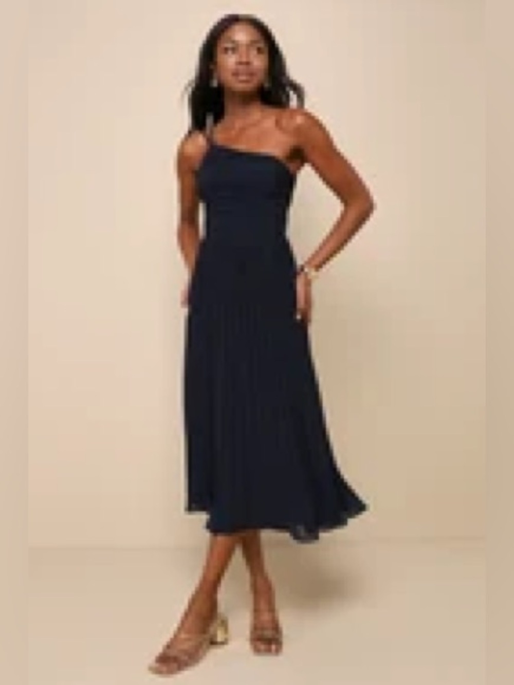 Lulus Wondrous Muse Navy Blue Pleated One-Shoulder Midi Dress